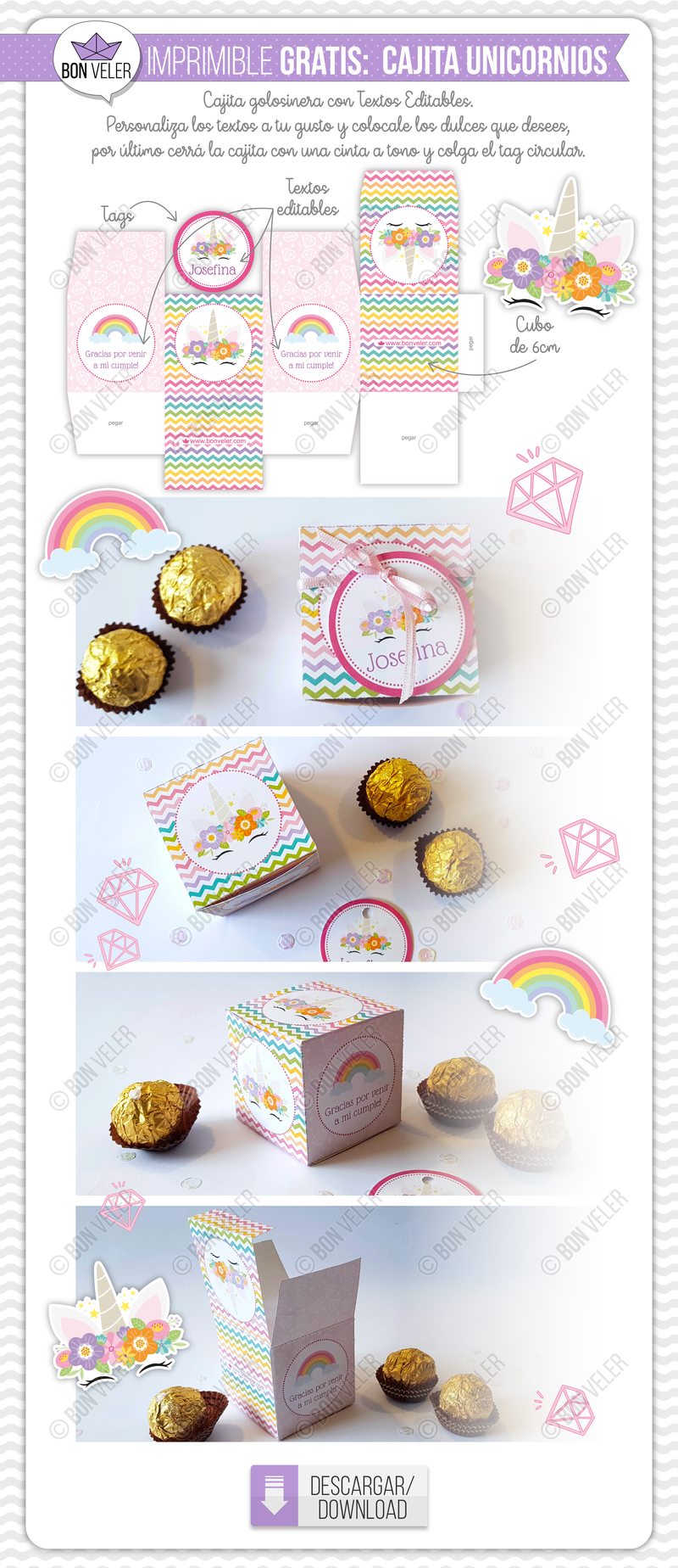 caja imprimible unicornios gratis, unicorn free box